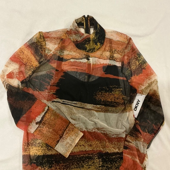 DKNY Mock Neck Long Sleeve Mesh Top. Brown, rust, gold with black shell. Large - Picture 4 of 5